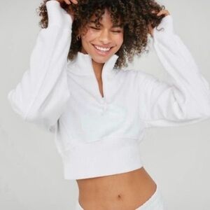 Aerie White Crop Sweatshirt 3/4 Zip Size Small